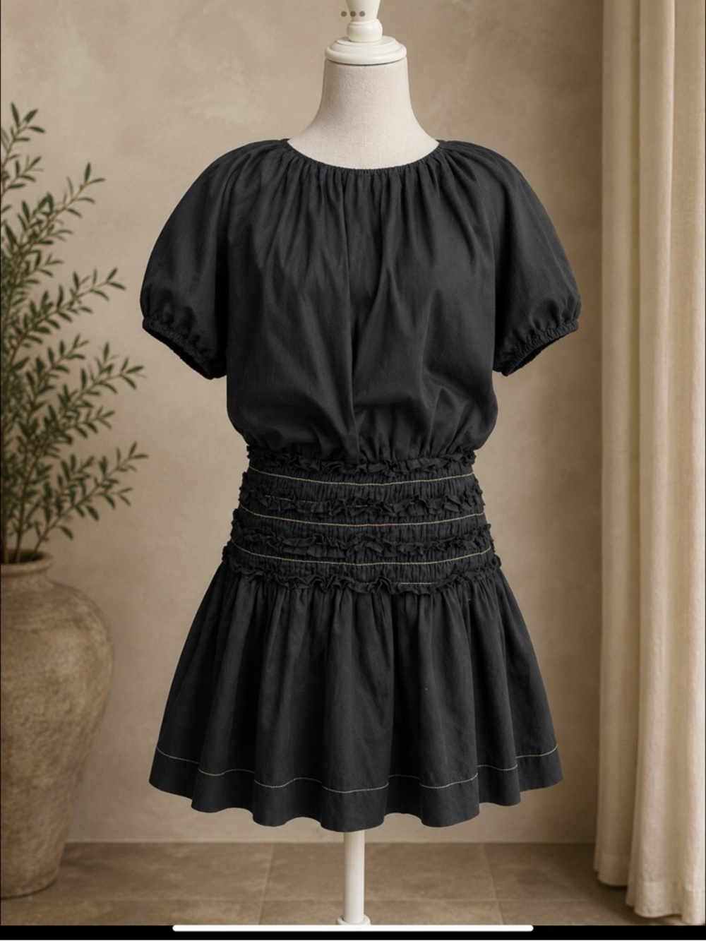 BEC + BRIDGE Black Cotton Ruched Mini Dress European Summer Resort Dress